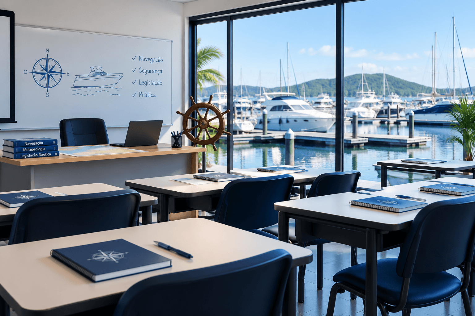 Sala de aula de escola náutica com vista para a marina